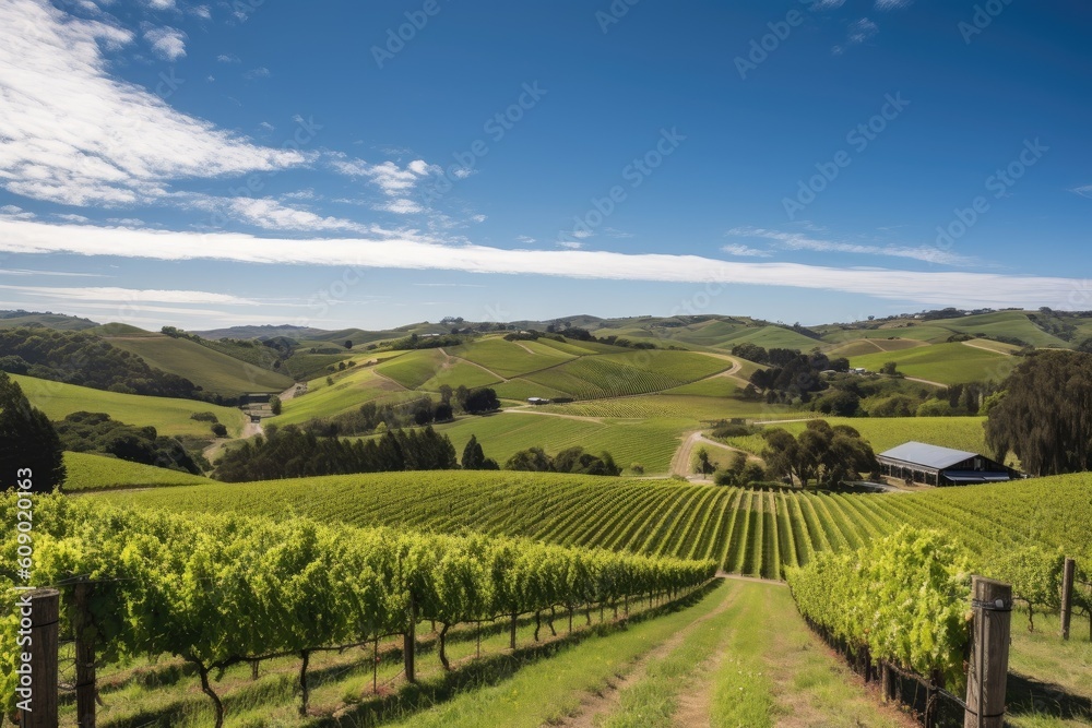 vineyard surrounded by rolling hills, with picturesque farms and blue skies in the distance, created with generative ai