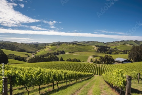 vineyard surrounded by rolling hills  with picturesque farms and blue skies in the distance  created with generative ai