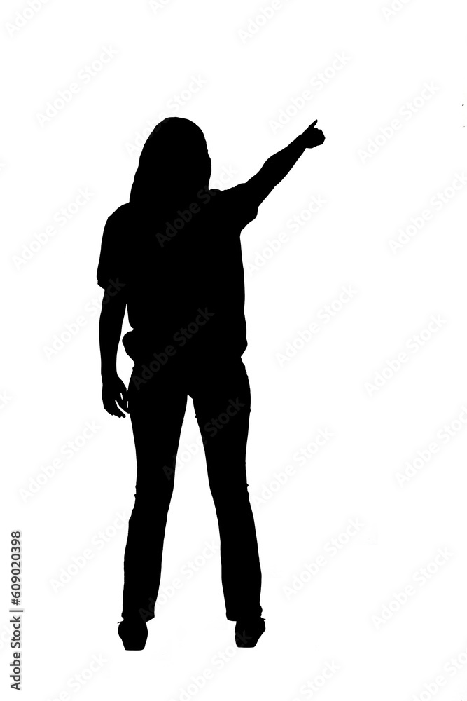 back view of silhouette of young girl pointing  on white background