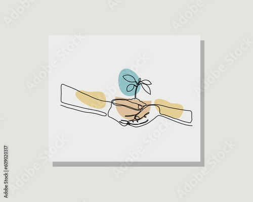 Continuous single one line art drawing of hand holding seeds plant growth and natural concept bohemian boho style