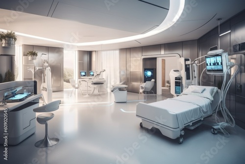 a futuristic hospital ward, with robotic equipment and cutting-edge treatments available to patients, created with generative ai © Alfazet Chronicles