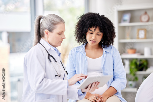Pregnant woman, doctor and tablet for healthcare results, gynecology service and serious news, exam or progress. Medical, gynecologist or people for pregnancy, digital technology and growth check