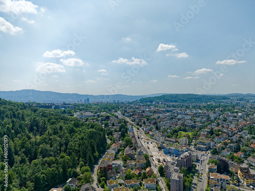 Aerial view with skyline of City of Zürich North on a sunny spring day. Photo taken May 27th, 2023, Zurich, Switzerland. photo