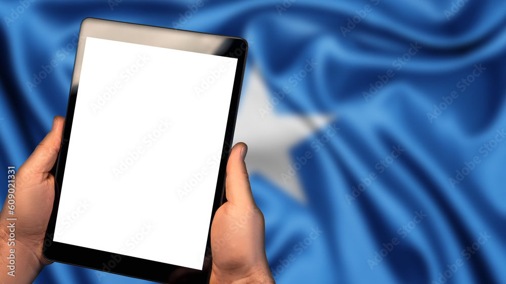 Man hold tablet phone pc gadget with white blank screen, copy space for text, image or message. Flag of Somalia country on background. Technology, information, business
Man hold tablet phone pc gadget with white blank screen, copy space for text, image or message. Flag of Somalia country on background. Technology, information, business