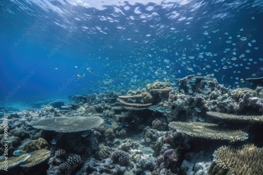 coral reef underwater, with schools of fish swimming in the clarity, created with generative ai