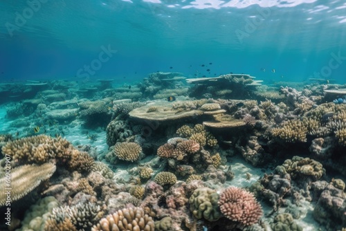 coral reef with schools of fish swimming among the corals  created with generative ai