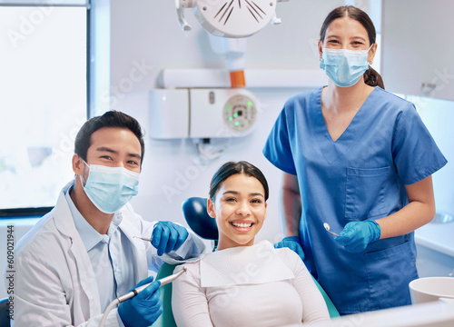 Portrait of dentist and patient in consultation for teeth whitening  service and dental care. Healthcare  dentistry and orthodontist with equipment for woman for oral hygiene  wellness and cleaning