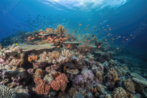 coral reef with schools of brightly colored fish swimming among the corals, created with generative ai