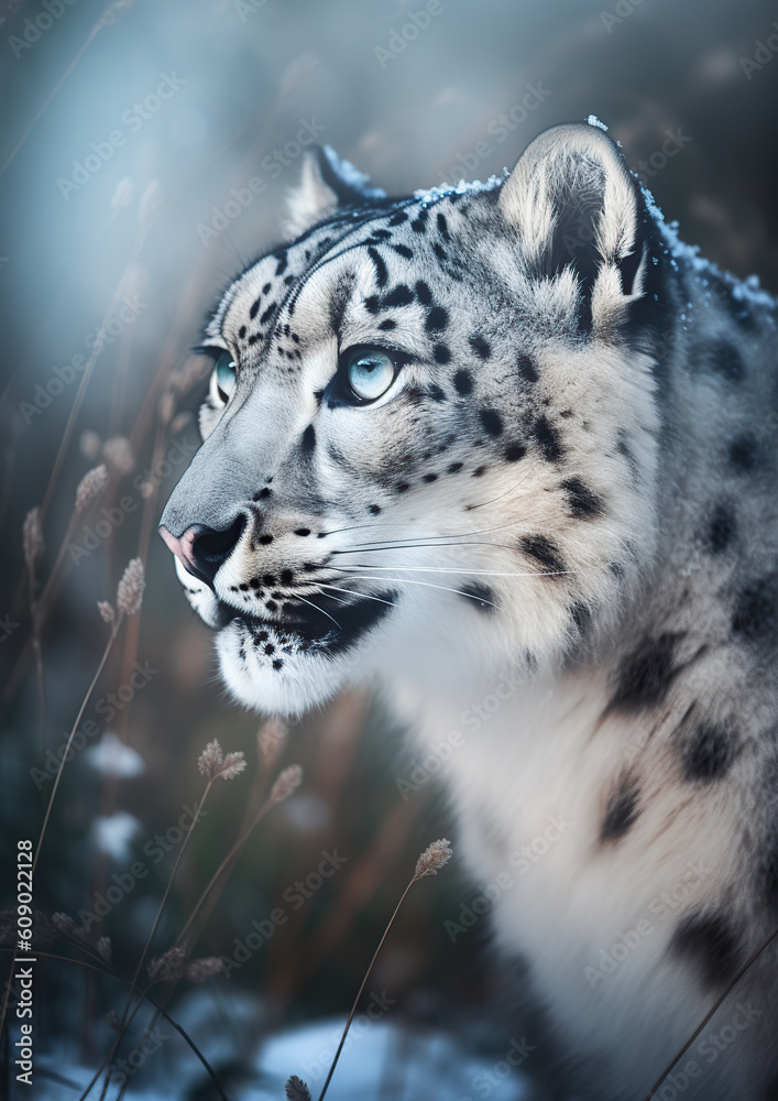 Naklejka premium Nature_photography_of_a_robot_snow_leopard_elegant, generative AI