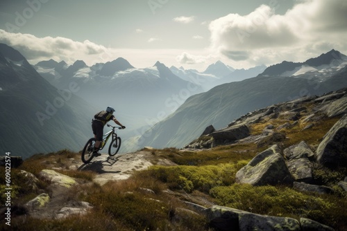 mountain biker tackling rugged trail with breathtaking view in the background, created with generative ai