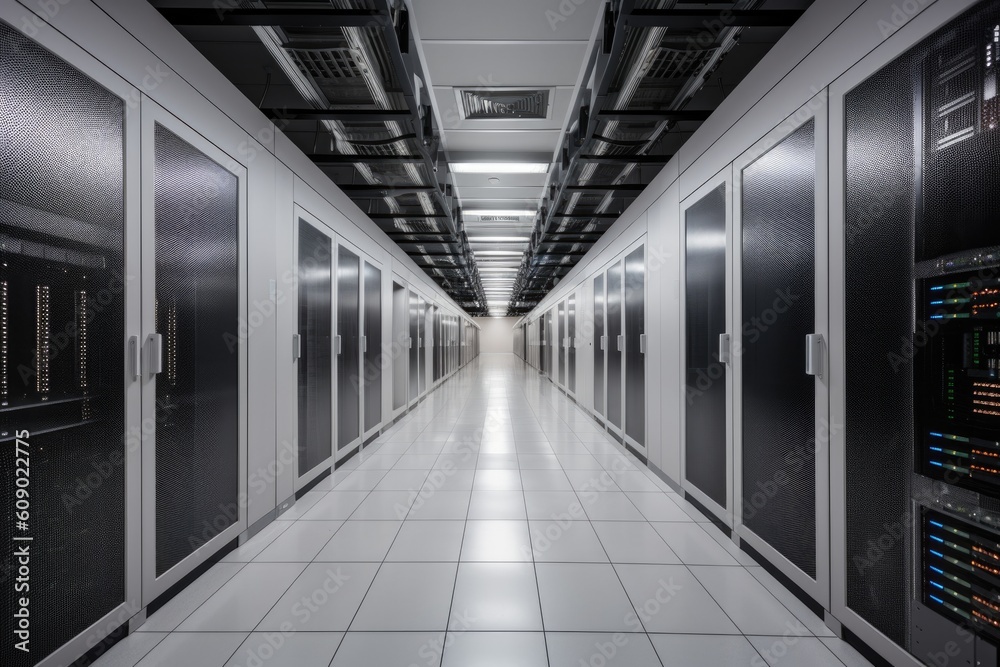 modern data center with sleek design, state-of-the-art technology, and room for growth, created with generative ai modern data center with sleek design, state-of-the-art technology, and room for growth, created with generative ai