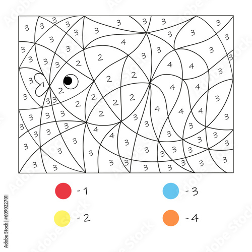 Puzzle for preschool children. Childrens educational material. Coloring pages. Find the right color and color the goldfish. Worksheet for kids.