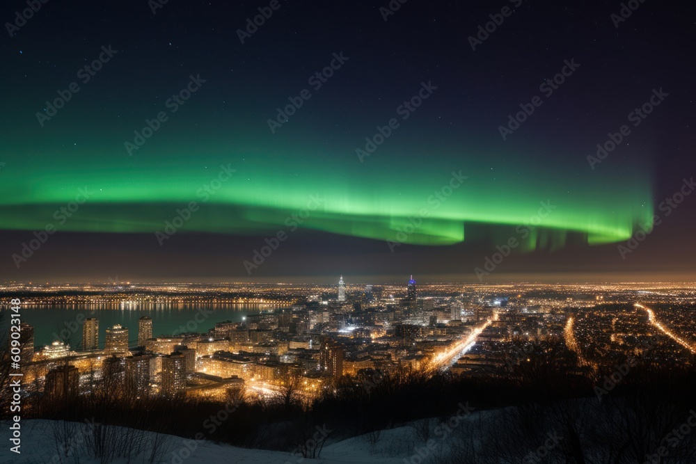 Colorful aurora borealis, polar lights on winter night over town. Generative AI