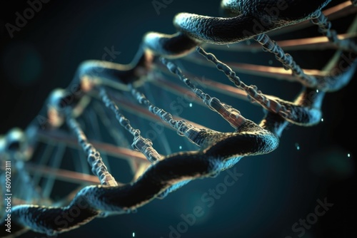close-up of dna double helix, with each strand twisted around the other, created with generative ai