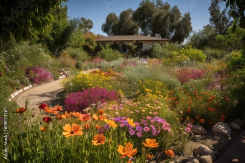 a garden with drought-tolerant and native plants, surrounded by beautiful blooming flowers, created with generative ai