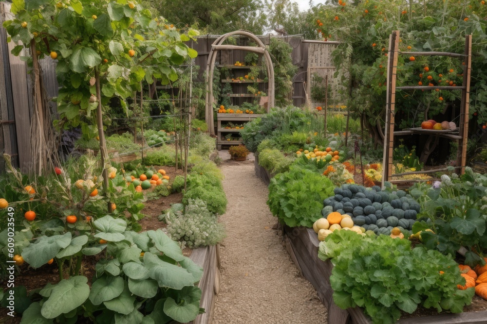 edible landscape garden with fruits, vegetables, and herbs growing in abundance, created with generative ai edible landscape garden with fruits, vegetables, and herbs growing in abundance, created with generative ai