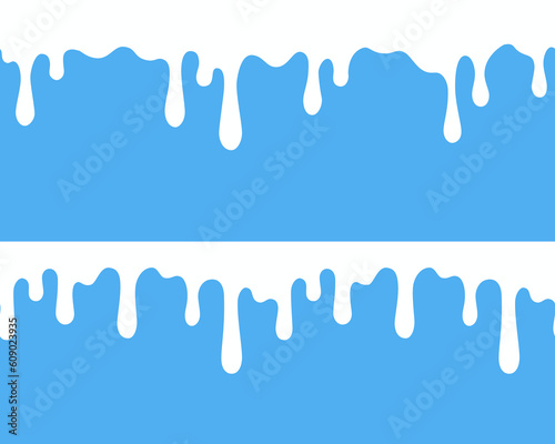 Milk drip seamless patterns isolated on blue background. White liquid, melt yogurt flow or cream wave borders. Vector milky splash package design set