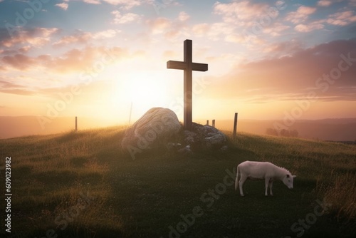 Easter concept: Christ Jesus concept: cross in the morning at sunrise, Generative AI