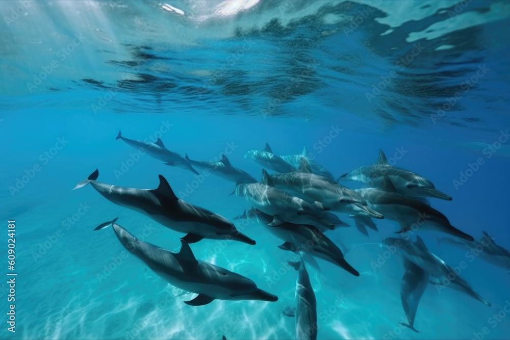 Obraz premium school of dolphins swimming in crystal-clear water, created with generative ai