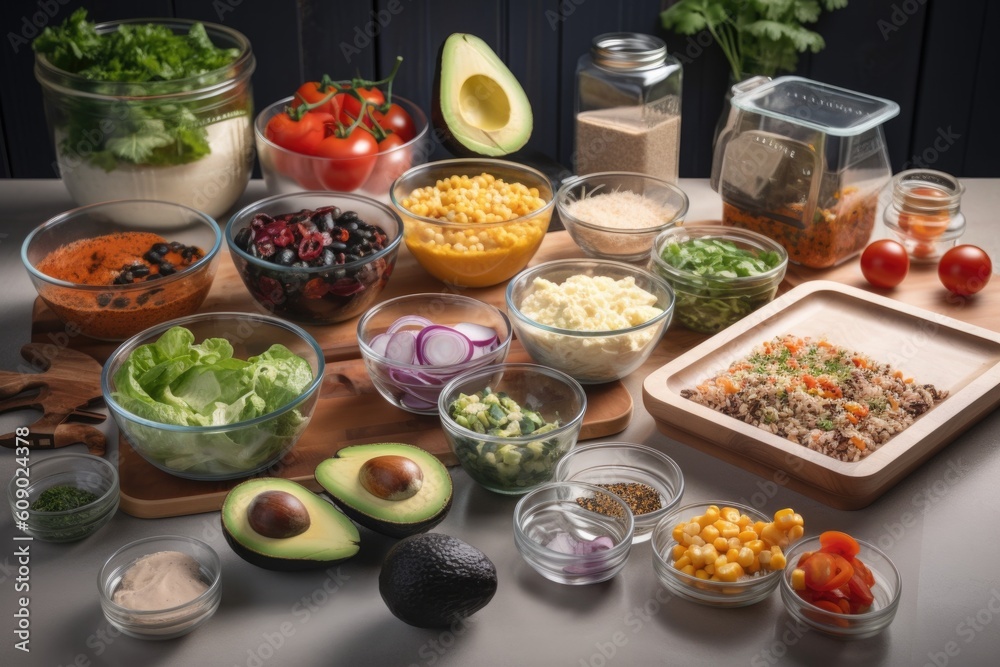 meal prepping station with a variety of ingredients, cooking tools, and recipes for healthy and delicious meals, created with generative ai meal prepping station with a variety of ingredients, cooking tools, and recipes for healthy and delicious meals, created with generative ai