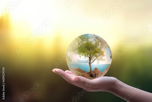 Earth Day concept: hand holding earth globe and tree over blurred nature background, Generative AI