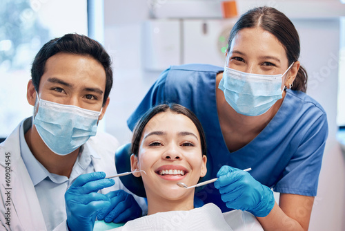 Portrait of dentist and woman in consultation for teeth whitening, service and dental care. Healthcare, dentistry and orthodontist with equipment for patient for oral hygiene, wellness and cleaning