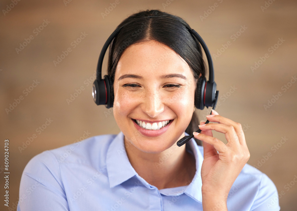Happy woman, face and headset at callcenter, contact us and customer service agent with smile. CRM, phone call and tech support with telecom, female consultant smile with help desk and communication Happy woman, face and headset at callcenter, contact us and customer service agent with smile. CRM, phone call and tech support with telecom, female consultant smile with help desk and communication