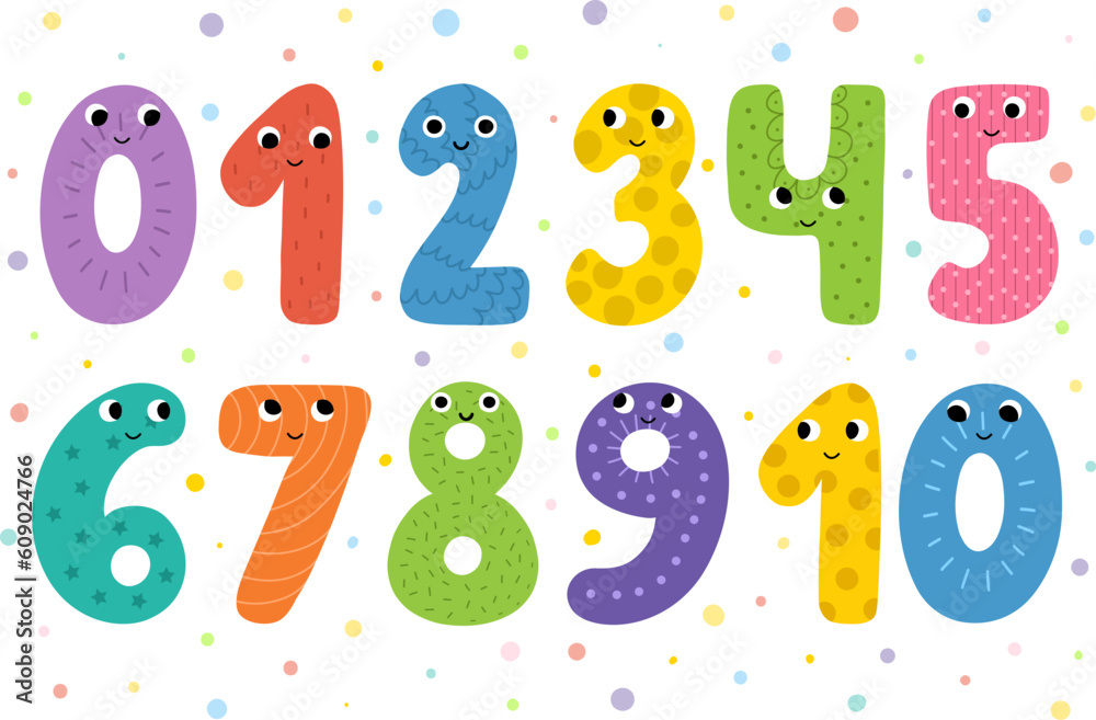 Cute numbers for kids. Collection of happy numbers in cartoon style ...