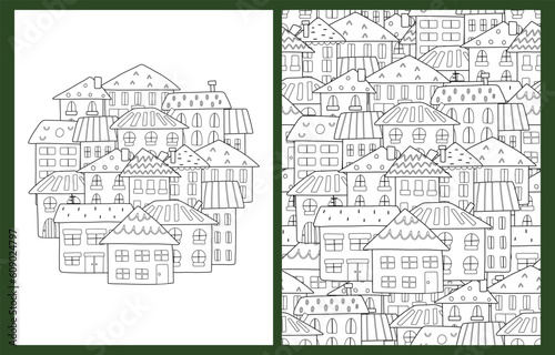 Doodle houses coloring pages set in US Letter format. Black and white city background. Templates for coloring book. Vector illustration