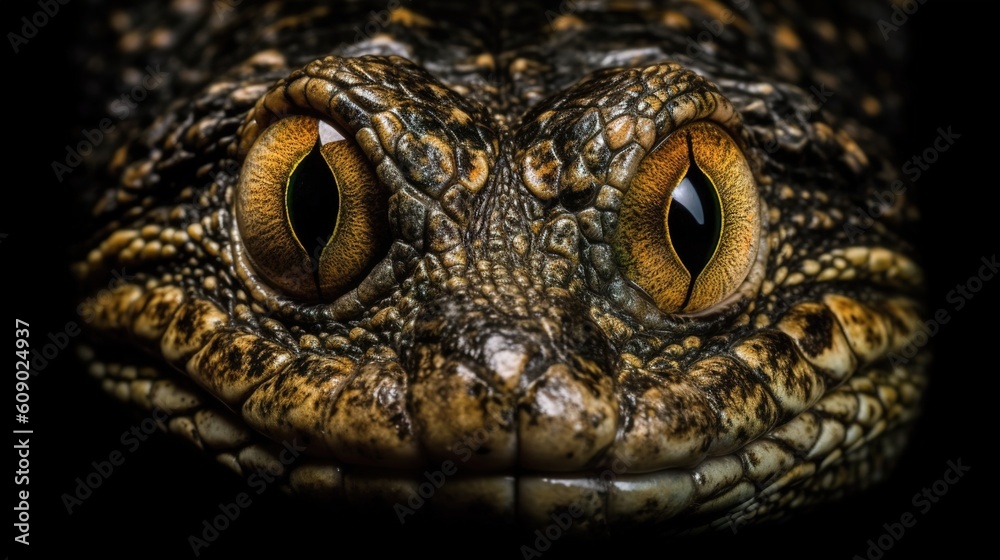 Fototapeta premium The close-up of the intense crocodile's eyes, with their orange color, AI generative