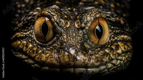 The close-up of the intense crocodile's eyes, with their orange color, AI generative