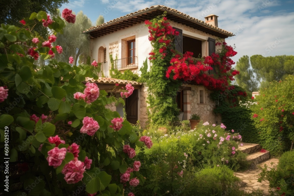 mediterranean house surrounded by lush greenery and blooming flowers, created with generative ai