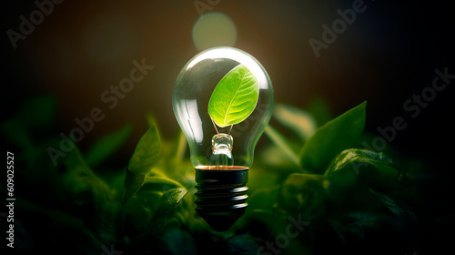 Light Bulb with green sprout 3D lamp saving energy ecology concept. Small plant seedling inside electricity green energy power banner