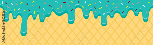 Seamless pattern border with sweet melting blue glaze with colorful sprinkles and waffle background. Vector illustration