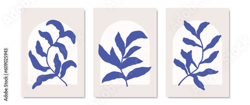 Abstract botanical art vector. A set of pictures with a simple pattern of leaves, twigs, twigs on the background of an arch. Modern design for paintings, wall decor, print, cover, banner, wallpaper.