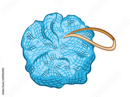 Blue bath sponge vector illustration isolated on white horizontal background. Simple flat art styled cartoon outlined drawing.