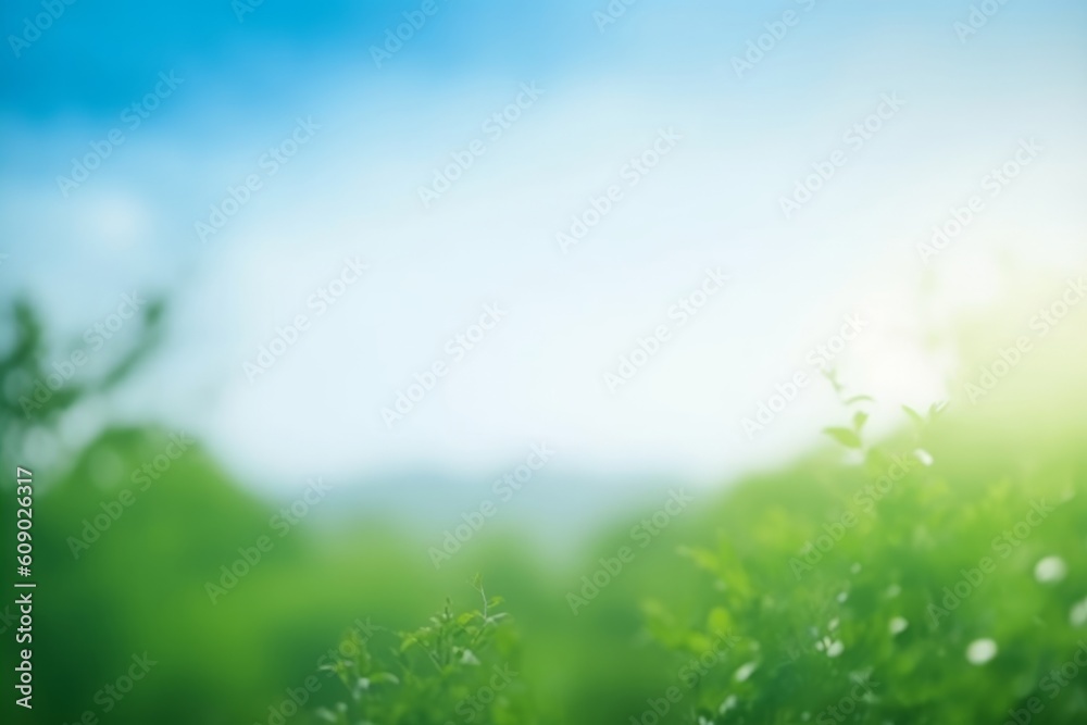 World Environment Day concept: blurred beautiful green nature with blue sky  background, Generative AI