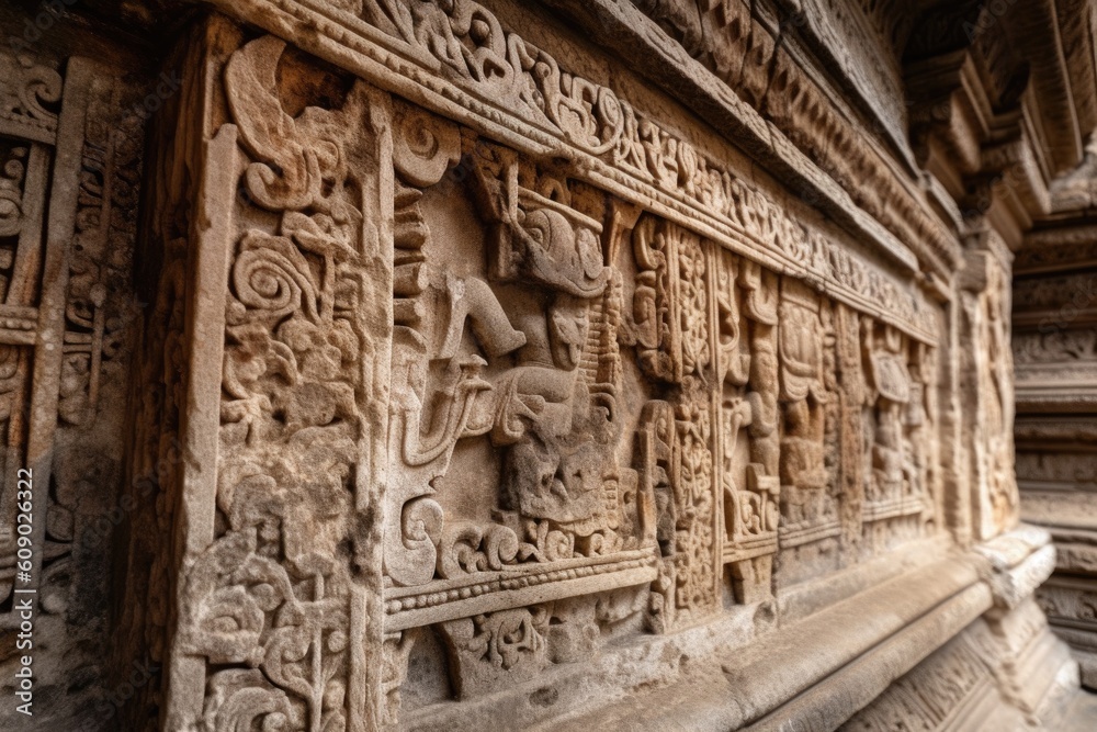 intricate carvings on ancient stone structure, revealed in close-up, created with generative ai
