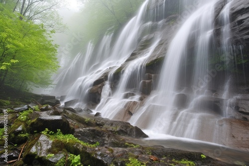 close-up of cascading spring waterfalls, with droplets and mist visible, created with generative ai