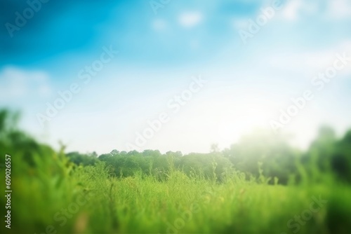 World Environment Day concept: blurred beautiful green nature with blue sky background, Generative AI