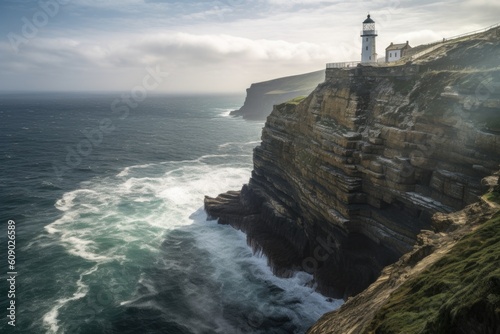 coastal cliff with lighthouse, providing a beacon of safety for ships at sea, created with generative ai