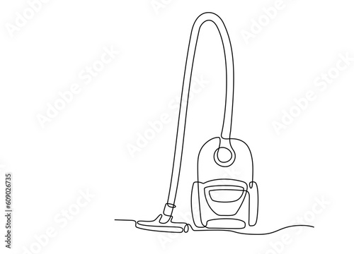 Vacuum cleaner in single continuous line art drawing style. One line drawing of home household appliance. Editable stroke contour of vacuum cleaner. Doodle hand drawn vector Poster template