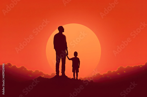 father holding hands with his son, silhouette illustration. Generative AI
