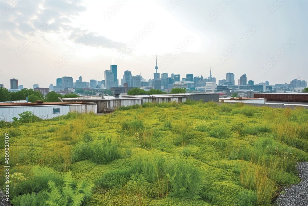green rooftops with view of the city skyline, showcasing urban landscape, created with generative ai