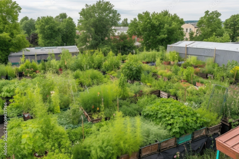 green rooftop garden with trees and plants growing in pots, created with generative ai green rooftop garden with trees and plants growing in pots, created with generative ai