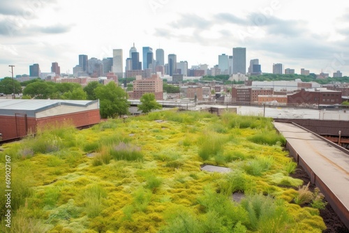 green roof with view of busy city skyline, created with generative ai