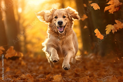 Dog  golden retriever jumping through autumn leaves in autumnal sunlight. Ai generative