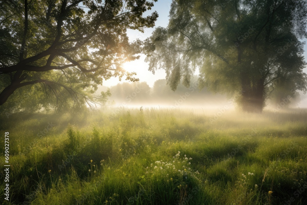 morning mist rising over meadow, with rays of sunlight filtering through, created with generative ai morning mist rising over meadow, with rays of sunlight filtering through, created with generative ai