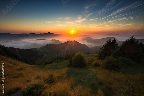 sunrise over misty mountain range, with the sun peeking over the horizon, created with generative ai