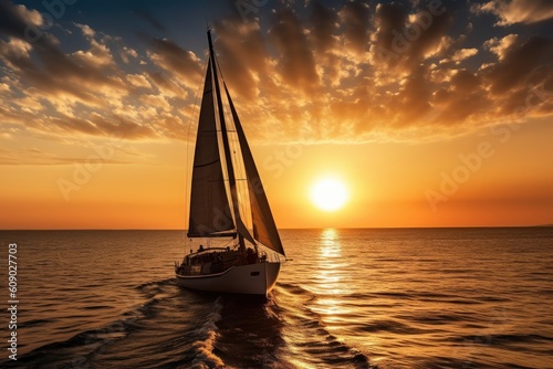 sailing yacht with full sails and view of the sunset, created with generative ai